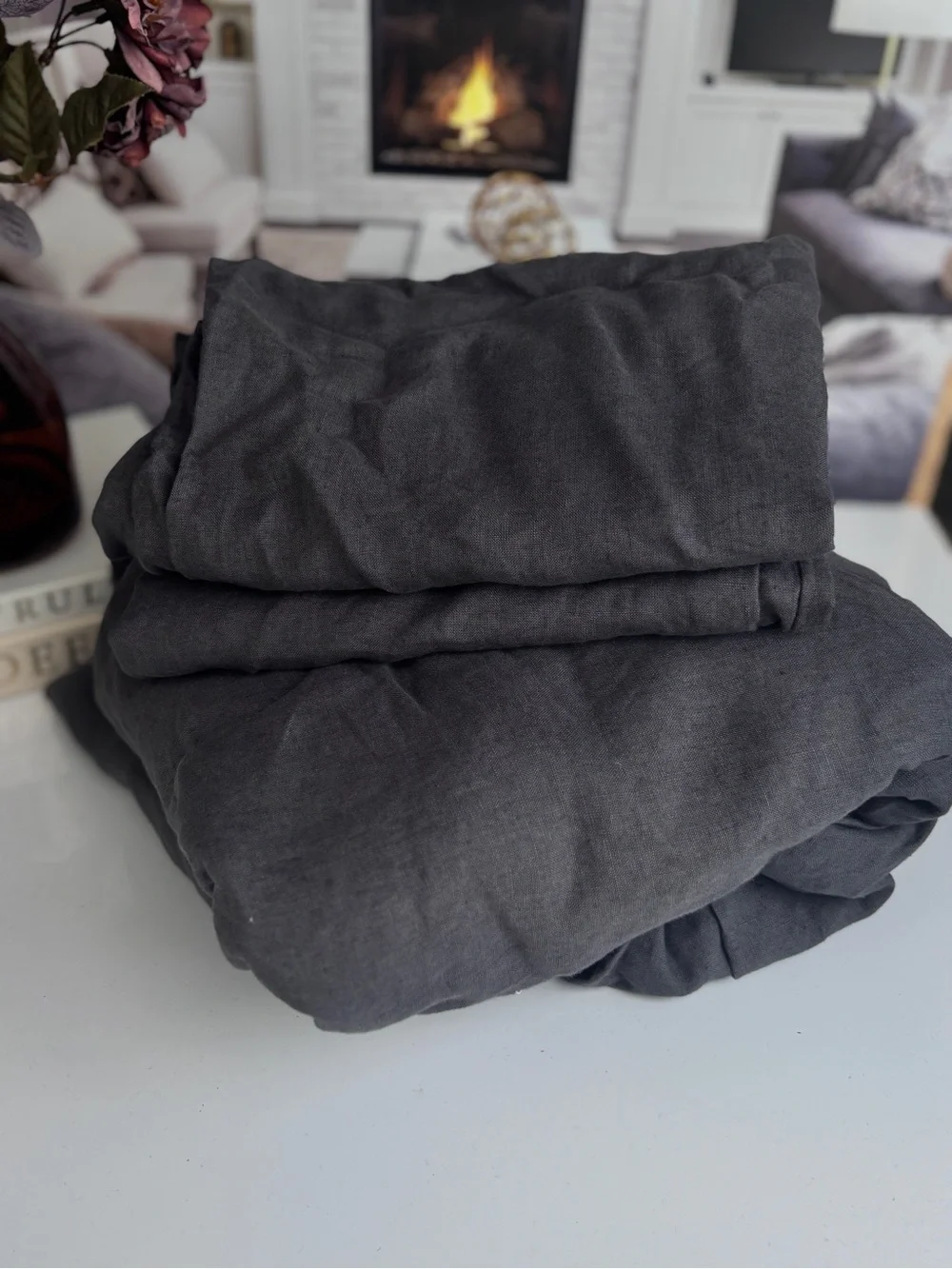 Quince Charcoal European Linen Duvet Cover Set Full/Queen